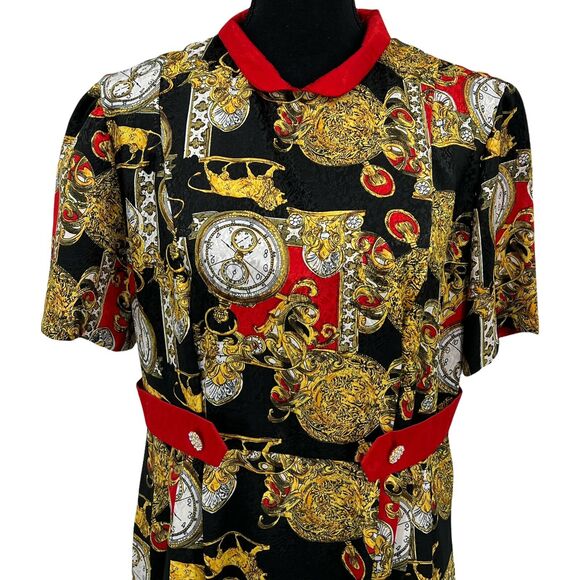 Vintage 90s Baroque Maximalist Clock Lion Print Rayon Dress Career Business - Picture 4 of 6